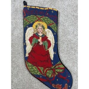 Handmade Needlepoint Angel Christmas Stocking Velvet Back Gold Thread Highlights